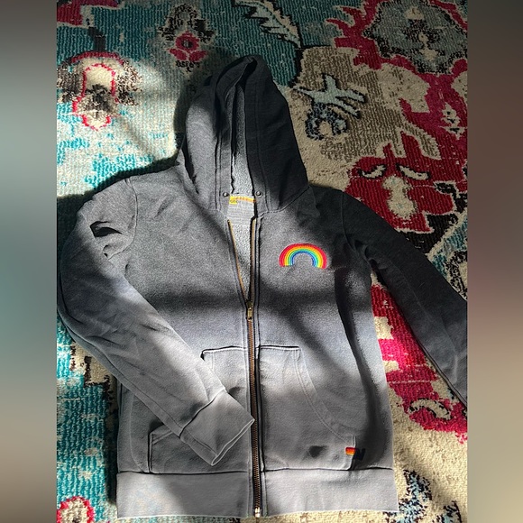 Charcoal grey Aviator Nation zip up hoodie with embroidered rainbow - Picture 1 of 5